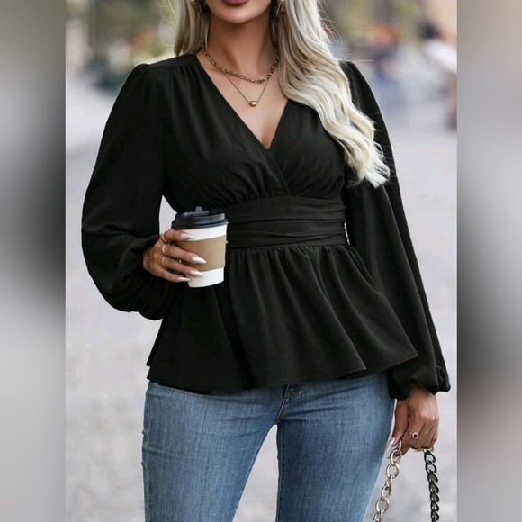 NEW Chic Ruched Waist Lantern Sleeve Peplum Top Blouse Plus Black - Picture 4 of 7